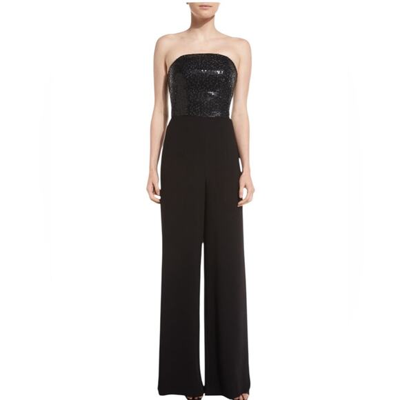 NWT St. John Collection Strapless Sequined Wide Leg Jumpsuit Caviar Size 12 - Picture 1 of 16